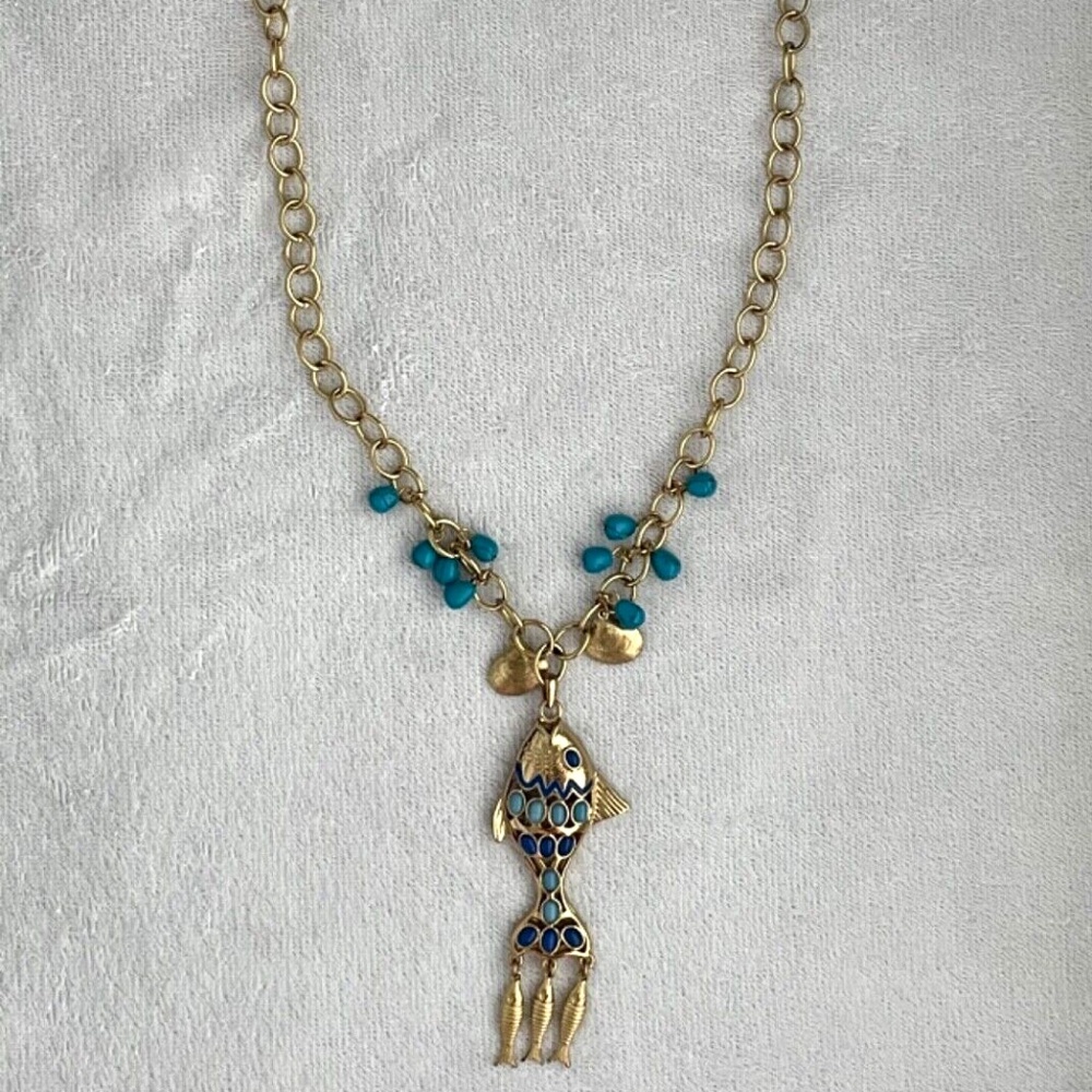 Lilly Pulitzer Fish Medallion Statement Necklace Gold/Blue Enamel/Beaded